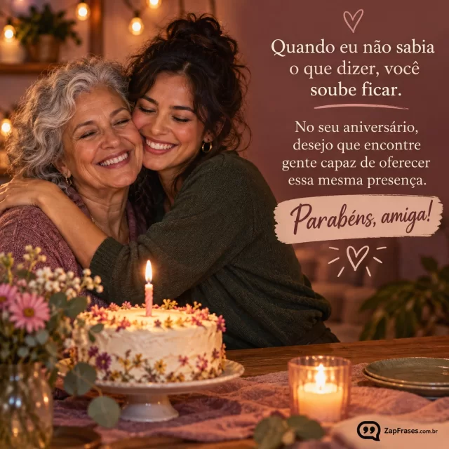 Duas amigas adultas se abraçam durante comemoração tranquila de aniversário, bolo com vela e luz suave ao fundo. Arte com a mensagem: Quando eu não sabia o que dizer, você soube ficar. No seu aniversário, desejo que encontre gente capaz de oferecer essa mesma presença. Parabéns, amiga!