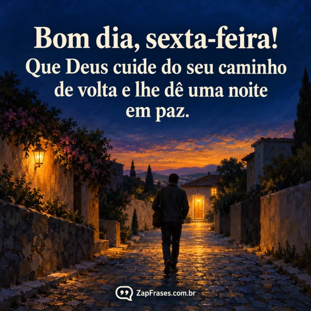 Caminho de pedestres de bairro brasileiro rumo a uma casa iluminada ao entardecer, céu amplo e sereno. Arte com a mensagem: Bom dia, sexta-feira! Que Deus cuide do seu caminho de volta e lhe dê uma noite em paz.