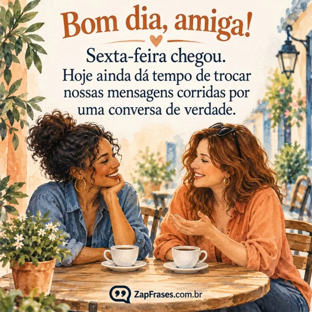 Duas amigas adultas se reencontram em café de bairro após semana movimentada, com espaço limpo para texto. Arte com a mensagem: Bom dia, amiga! Sexta-feira chegou. Hoje ainda dá tempo de trocar nossas mensagens corridas por uma conversa de verdade.