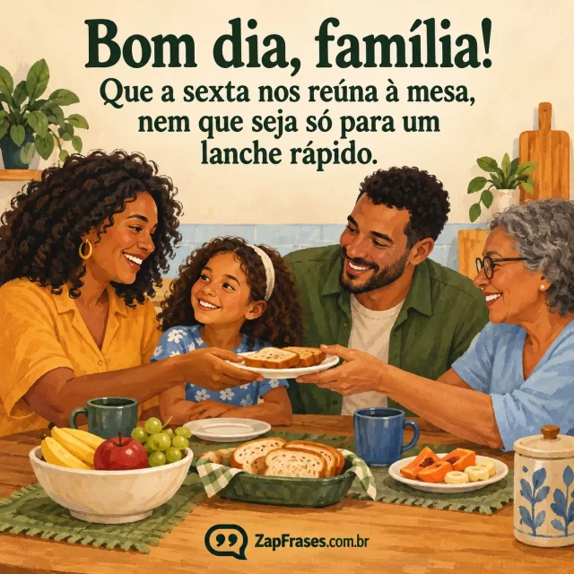 Família brasileira diversa reunida para lanche simples na cozinha ao fim da tarde, pão e fruta, gestos naturais. Arte com a mensagem: Bom dia, família! Que a sexta nos reúna à mesa, nem que seja só para um lanche rápido.