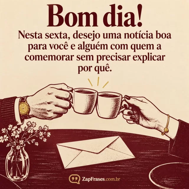 Duas mãos adultas em gesto de comemoração discreta sobre mesa com envelope fechado sem texto, clima de boa notícia. Arte com a mensagem: Bom dia! Nesta sexta, desejo uma notícia boa para você e alguém com quem a comemorar sem precisar explicar por quê.