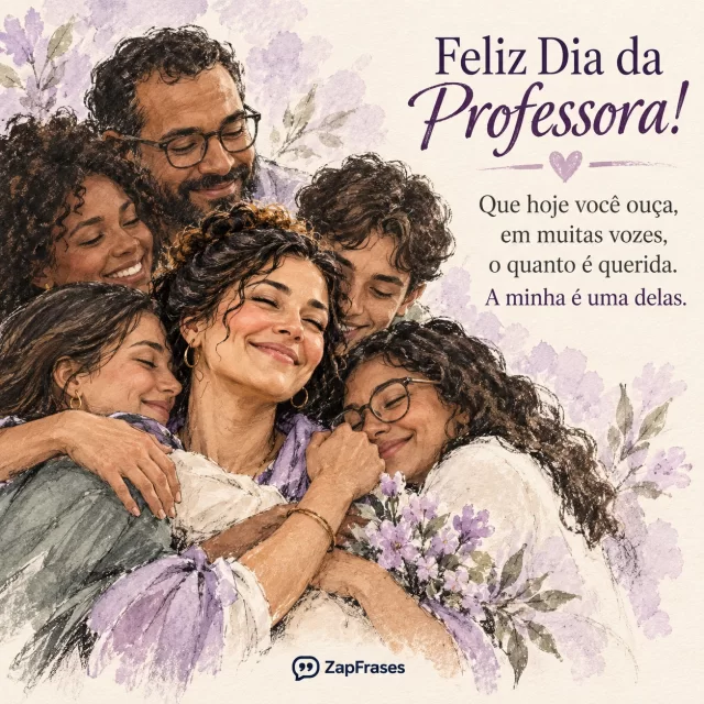 Professora recebe abraço coletivo afetuoso de pessoas adultas.. Arte com a mensagem: Feliz Dia da Professora! Que hoje você ouça, em muitas vozes, o quanto é querida. A minha é uma delas.
