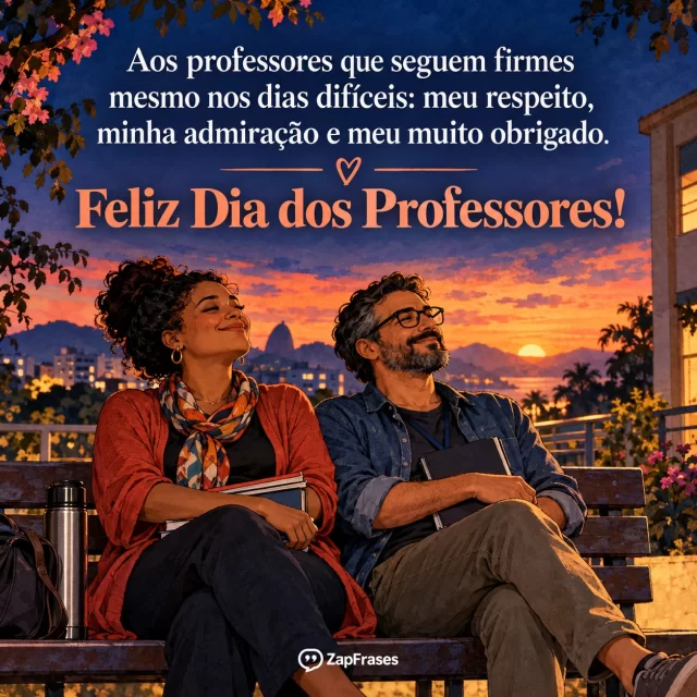 Dois professores descansam juntos em banco ao fim do dia diante do pôr do sol.. Arte com a mensagem: Aos professores que seguem firmes mesmo nos dias difíceis: meu respeito, minha admiração e meu muito obrigado. Feliz Dia dos Professores!