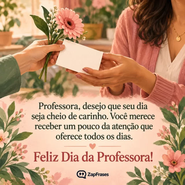 Mãos entregam uma flor e um cartão em branco a uma professora emocionada.. Arte com a mensagem: Professora, desejo que seu dia seja cheio de carinho. Você merece receber um pouco da atenção que oferece todos os dias. Feliz Dia da Professora!