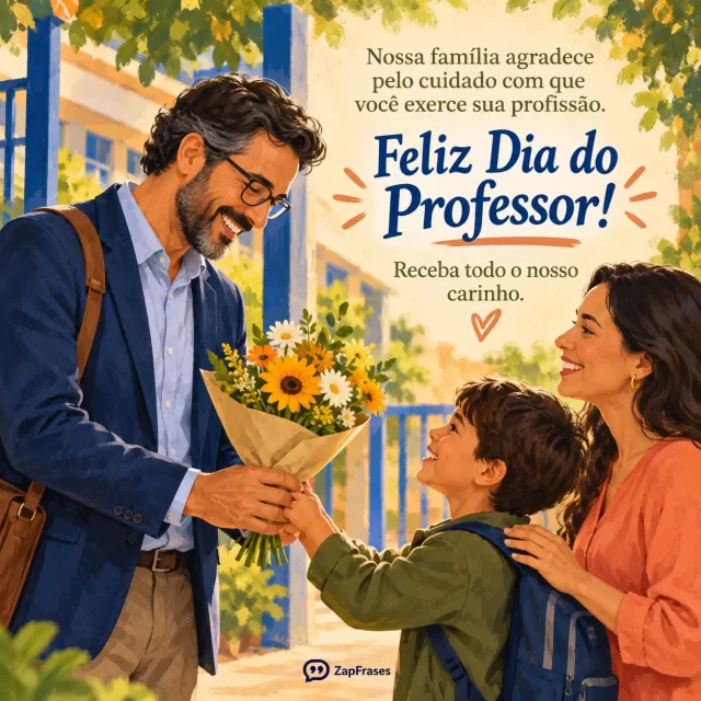 Família com criança entrega buquê a professor na entrada da escola.. Arte com a mensagem: Nossa família agradece pelo cuidado com que você exerce sua profissão. Feliz Dia do Professor! Receba todo o nosso carinho.