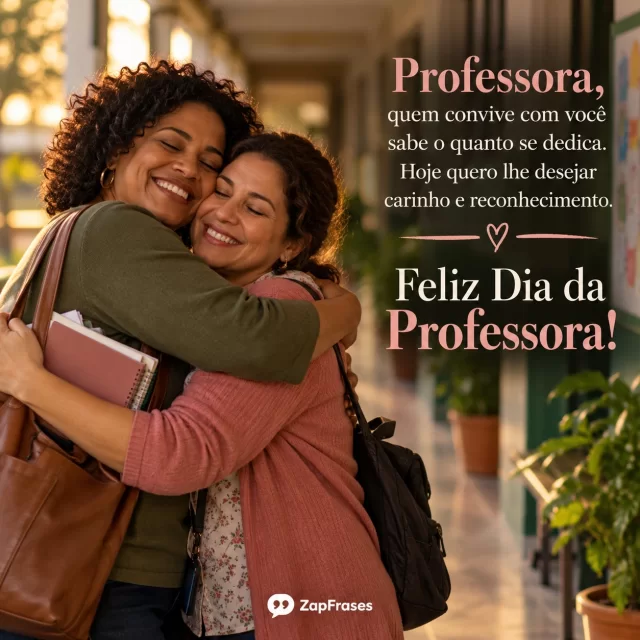 Duas professoras adultas se abraçam no corredor depois do trabalho.. Arte com a mensagem: Professora, quem convive com você sabe o quanto se dedica. Hoje quero lhe desejar carinho e reconhecimento. Feliz Dia da Professora!