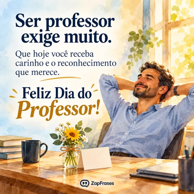 Professor relaxa com pequena flor e cartão em branco sobre a mesa.. Arte com a mensagem: Ser professor exige muito. Que hoje você receba carinho e o reconhecimento que merece. Feliz Dia do Professor!