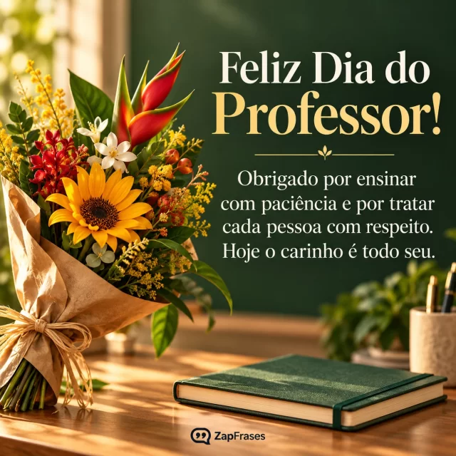Buquê de flores brasileiras e caderno fechado sobre a mesa do professor.. Arte com a mensagem: Feliz Dia do Professor! Obrigado por ensinar com paciência e por tratar cada pessoa com respeito. Hoje o carinho é todo seu.