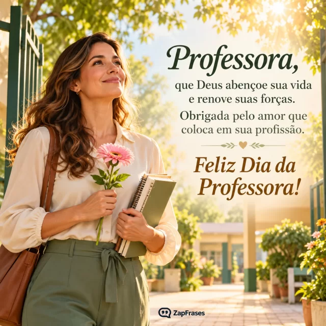Professora sorri com flor e cadernos sob luz dourada na entrada da escola.. Arte com a mensagem: Professora, que Deus abençoe sua vida e renove suas forças. Obrigada pelo amor que coloca em sua profissão. Feliz Dia da Professora!