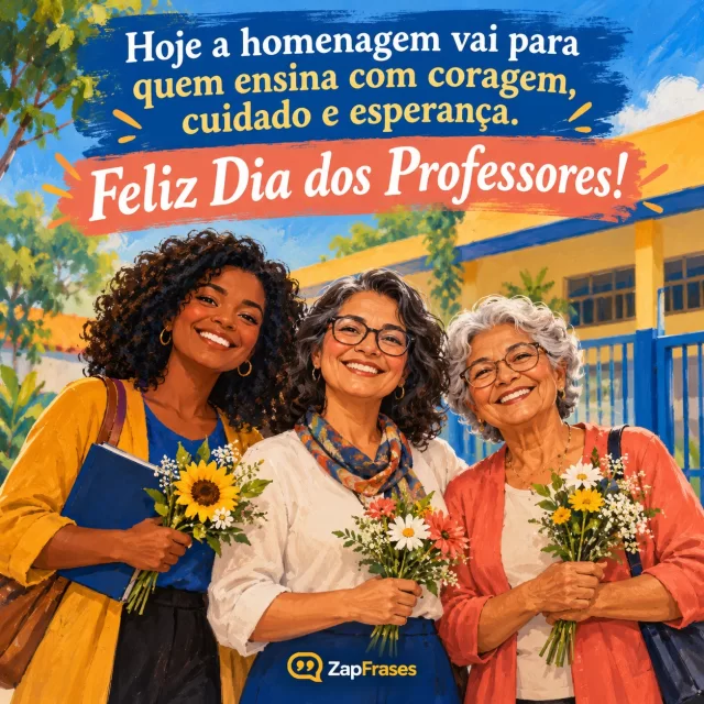 Três professoras de gerações diferentes posam com flores diante da escola.. Arte com a mensagem: Hoje a homenagem vai para quem ensina com coragem, cuidado e esperança. Feliz Dia dos Professores!