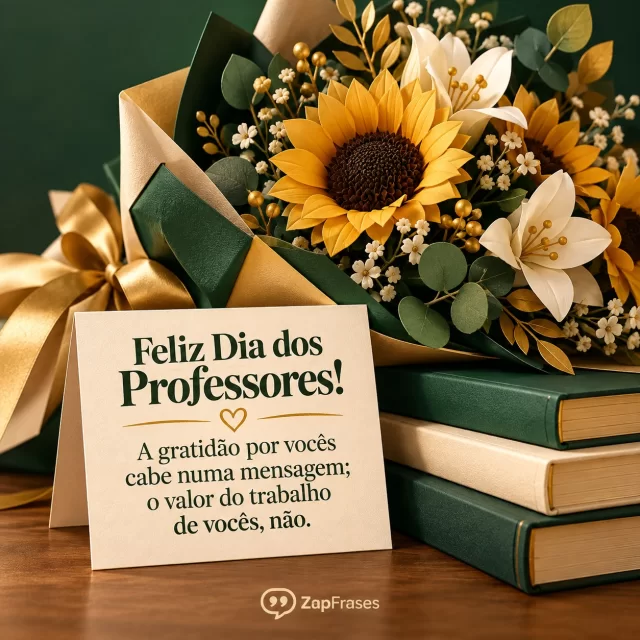 Cartão pequeno diante de grande buquê e livros em verde e dourado.. Arte com a mensagem: Feliz Dia dos Professores! A gratidão por vocês cabe numa mensagem; o valor do trabalho de vocês, não.