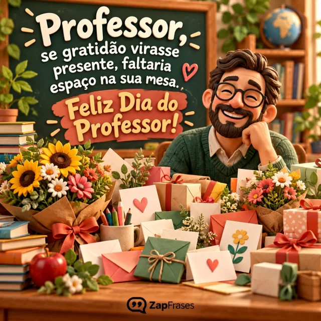 Mesa de professor cheia de cartões e flores, com expressão alegre ao fundo.. Arte com a mensagem: Professor, se gratidão virasse presente, faltaria espaço na sua mesa. Feliz Dia do Professor!