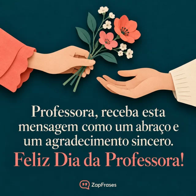 Duas mãos trocam um pequeno ramo de flores sobre fundo azul profundo.. Arte com a mensagem: Professora, receba esta mensagem como um abraço e um agradecimento sincero. Feliz Dia da Professora!
