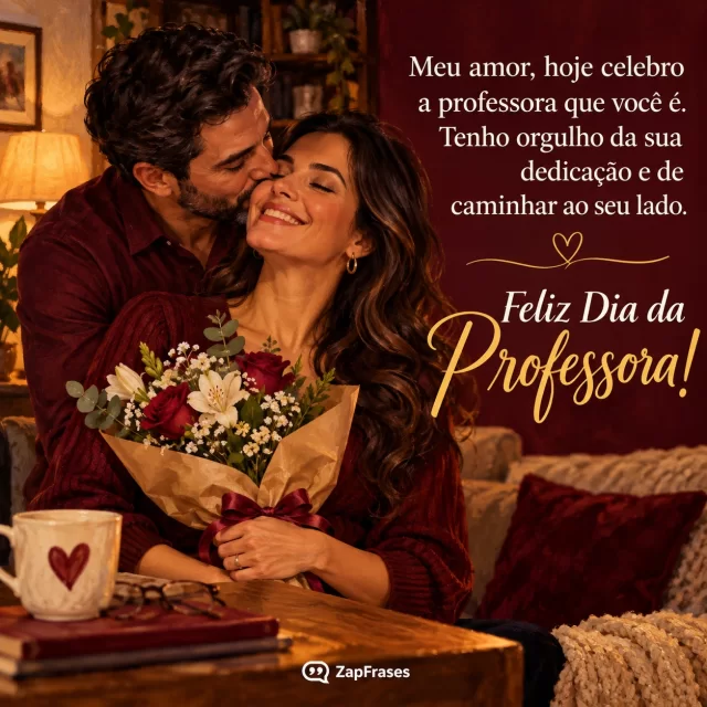 Casal adulto celebra o trabalho da professora com flores em casa.. Arte com a mensagem: Meu amor, hoje celebro a professora que você é. Tenho orgulho da sua dedicação e de caminhar ao seu lado. Feliz Dia da Professora!