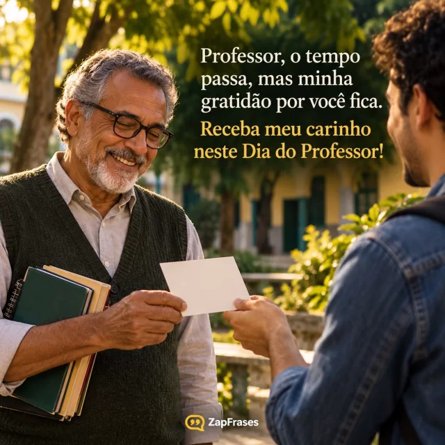 Ex-aluno adulto entrega cartão simples a professor idoso no jardim da escola.. Arte com a mensagem: Professor, o tempo passa, mas minha gratidão por você fica. Receba meu carinho neste Dia do Professor!