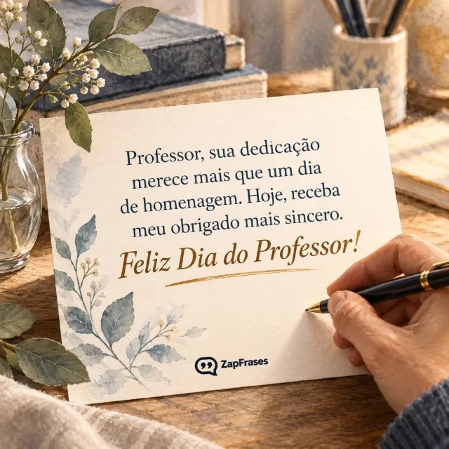 Mão escreve o agradecimento num cartão de papel ao lado de livros e flores.. Arte com a mensagem: Professor, sua dedicação merece mais que um dia de homenagem. Hoje, receba meu obrigado mais sincero. Feliz Dia do Professor!