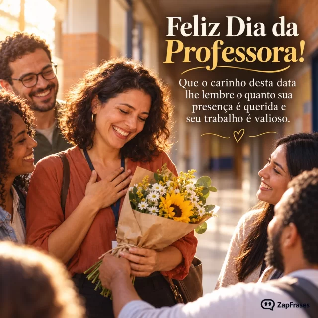 Professora recebe flores de pessoas adultas no corredor da escola.. Arte com a mensagem: Feliz Dia da Professora! Que o carinho desta data lhe lembre o quanto sua presença é querida e seu trabalho é valioso.