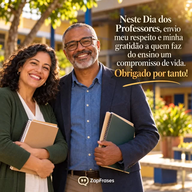Dois docentes adultos sorriem juntos no pátio de uma escola brasileira.. Arte com a mensagem: Neste Dia dos Professores, envio meu respeito e minha gratidão a quem faz do ensino um compromisso de vida. Obrigado por tanto!