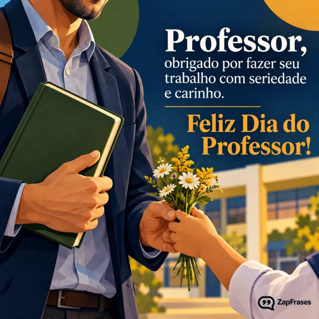 Professor recebe flores com livro fechado diante da escola.. Arte com a mensagem: Professor, obrigado por fazer seu trabalho com seriedade e carinho. Feliz Dia do Professor!