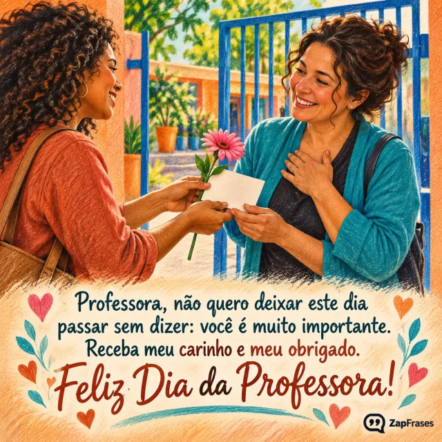 Duas mulheres trocam uma flor e cartão em branco diante do portão azul.. Arte com a mensagem: Professora, não quero deixar este dia passar sem dizer: você é muito importante. Receba meu carinho e meu obrigado. Feliz Dia da Professora!