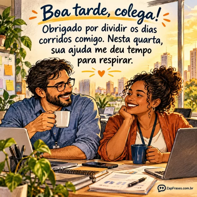 Dois colegas adultos trabalham juntos e fazem pausa breve em ambiente brasileiro, respeito e parceria.. Arte com a mensagem: Boa tarde, colega! Obrigado por dividir os dias corridos comigo. Nesta quarta, sua ajuda me deu tempo para respirar.