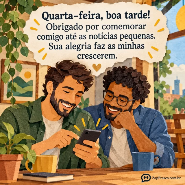Dois amigos adultos sorriem discretamente ao ler uma pequena notícia boa no telefone, sem confete.. Arte com a mensagem: Quarta-feira, boa tarde! Obrigado por comemorar comigo até as notícias pequenas. Sua alegria faz as minhas crescerem.