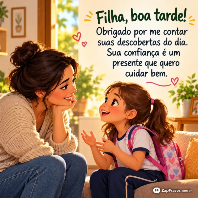 Pai ou mãe escuta filha criança com mochila após escola, expressão de atenção genuína.. Arte com a mensagem: Filha, boa tarde! Obrigado por me contar suas descobertas do dia. Sua confiança é um presente que quero cuidar bem.