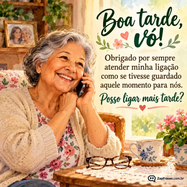 Avó adulta sorri ao atender o telefone em casa, celular e óculos sobre pequena mesa.. Arte com a mensagem: Boa tarde, vó! Obrigado por sempre atender minha ligação como se tivesse guardado aquele momento para nós. Posso ligar mais tarde?