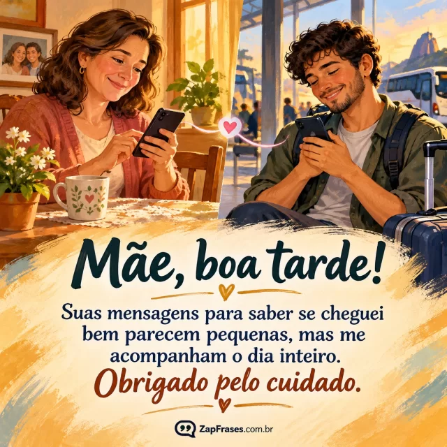 Mãe adulta segura celular após enviar mensagem, filho ou filha em viagem segura telefone com carinho.. Arte com a mensagem: Mãe, boa tarde! Suas mensagens para saber se cheguei bem parecem pequenas, mas me acompanham o dia inteiro. Obrigado pelo cuidado.