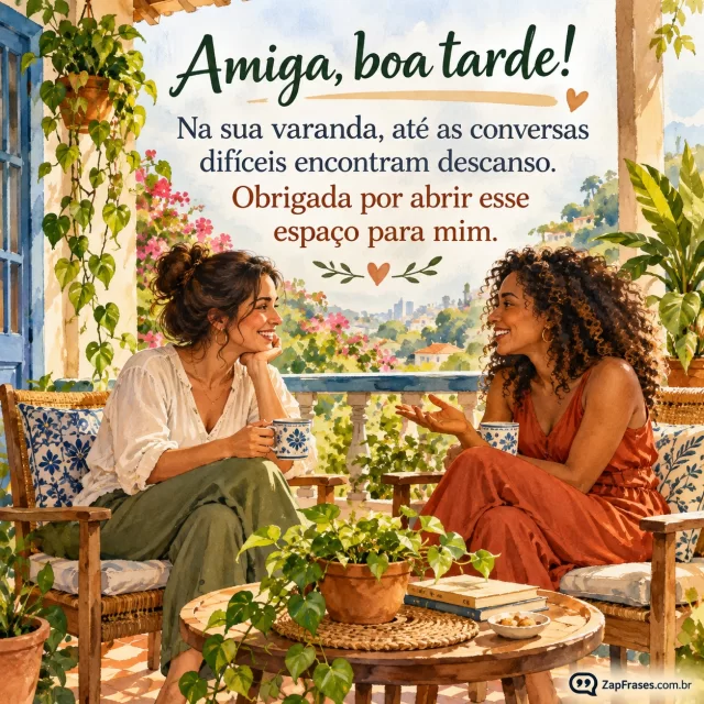Varanda brasileira com duas cadeiras e plantas, duas amigas adultas conversam com confiança.. Arte com a mensagem: Amiga, boa tarde! Na sua varanda, até as conversas difíceis encontram descanso. Obrigada por abrir esse espaço para mim.
