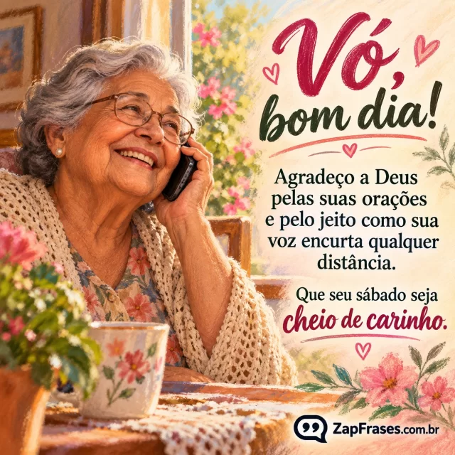 Avó idosa brasileira sorri enquanto fala ao telefone perto de janela; retrato adulto, sereno e caloroso.. Arte com a mensagem: Vó, bom dia! Agradeço a Deus pelas suas orações e pelo jeito como sua voz encurta qualquer distância. Que seu sábado seja cheio de carinho.