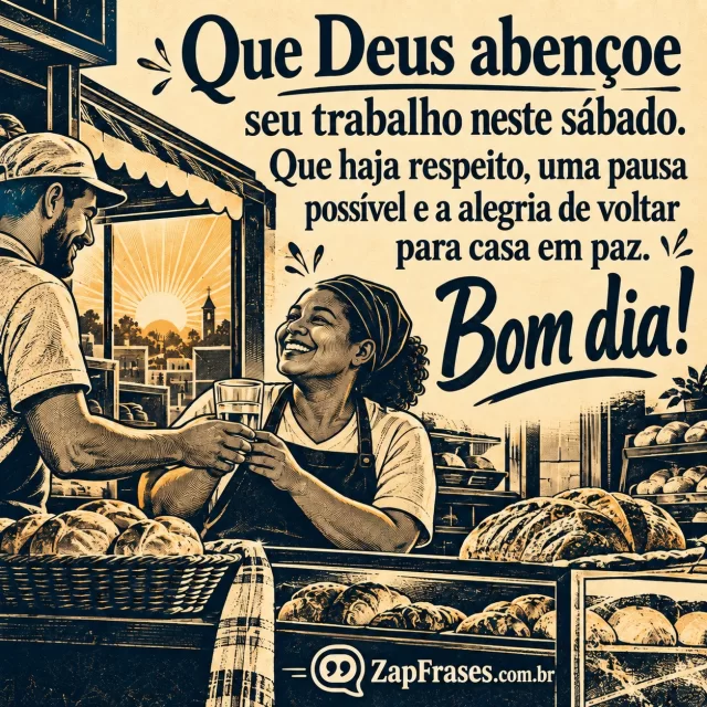 Trabalhadora adulta em balcão de padaria ao amanhecer recebe um copo de água de colega; cena respeitosa.. Arte com a mensagem: Que Deus abençoe seu trabalho neste sábado. Que haja respeito, uma pausa possível e a alegria de voltar para casa em paz. Bom dia!
