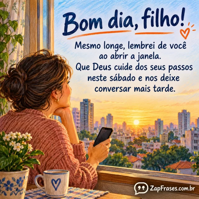 Pessoa adulta à janela com telefone na mão, paisagem urbana ao amanhecer e espaço amplo para a mensagem.. Arte com a mensagem: Bom dia, filho! Mesmo longe, lembrei de você ao abrir a janela. Que Deus cuide dos seus passos neste sábado e nos deixe conversar mais tarde.
