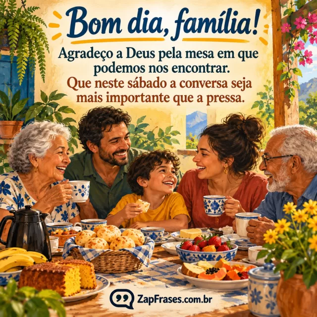 Três gerações de família brasileira à mesa do café, expressões naturais e contato visual entre elas.. Arte com a mensagem: Bom dia, família! Agradeço a Deus pela mesa em que podemos nos encontrar. Que neste sábado a conversa seja mais importante que a pressa.