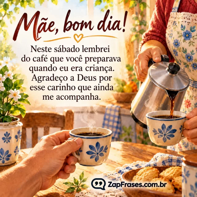 Cafeteira e duas xícaras em cozinha brasileira; mãos adultas oferecendo café, memória afetiva sem infantilizar.. Arte com a mensagem: Mãe, bom dia! Neste sábado lembrei do café que você preparava quando eu era criança. Agradeço a Deus por esse carinho que ainda me acompanha.