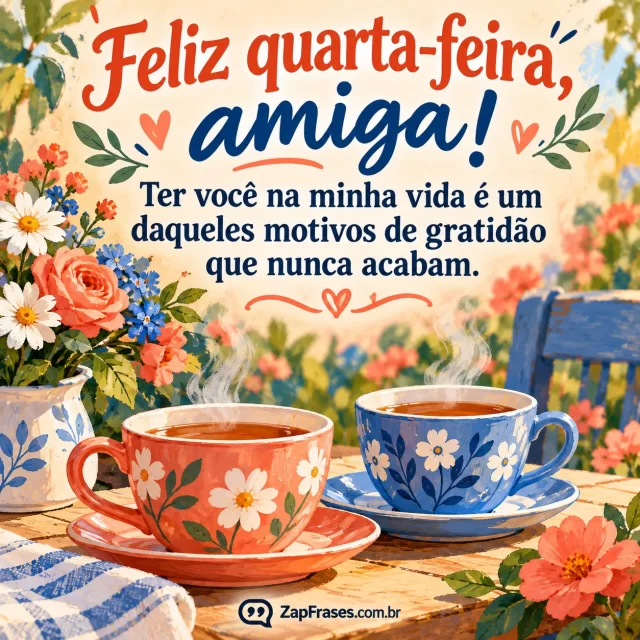Guache adulto alegre com duas xícaras de chá e flores de jardim, cores coral e azul, texto integrado na metade superior.. Arte com a mensagem: Feliz quarta-feira, amiga! Ter você na minha vida é um daqueles motivos de gratidão que nunca acabam.