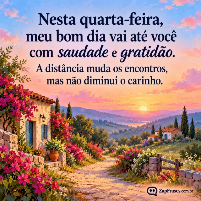 Pintura digital adulta de caminho florido ligando duas casinhas ao longe, luz de amanhecer rosa e azul, céu livre para letras escuras.. Arte com a mensagem: Nesta quarta-feira, meu bom dia vai até você com saudade e gratidão. A distância muda os encontros, mas não diminui o carinho.