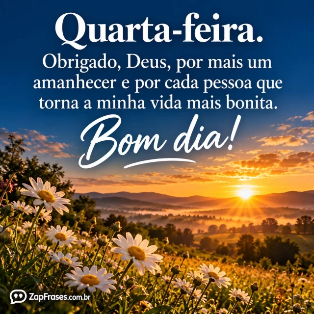 Fotografia de amanhecer no campo, margaridas em primeiro plano e luz dourada, texto branco em área de céu azul escuro.. Arte com a mensagem: Quarta-feira. Obrigado, Deus, por mais um amanhecer e por cada pessoa que torna a minha vida mais bonita. Bom dia!