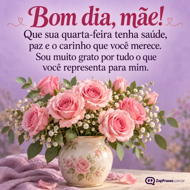 Pintura floral suave de rosas rosadas em vaso de cerâmica com fundo lavanda opaco, texto amplo acima do vaso, clima de homenagem.. Arte com a mensagem: Bom dia, mãe! Que sua quarta-feira tenha saúde, paz e o carinho que você merece. Sou muito grato por tudo o que você representa para mim.