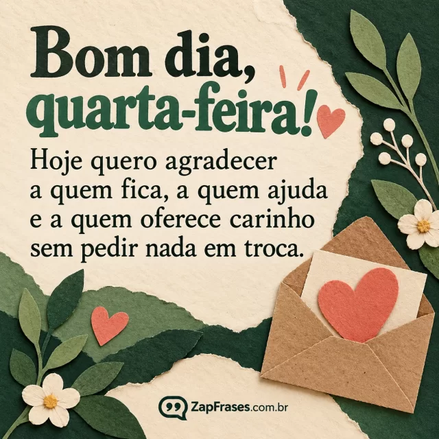 Colagem de papel artesanal adulta com pequeno envelope aberto e coração coral, composição assimétrica verde e creme, frase dominante.. Arte com a mensagem: Bom dia, quarta-feira! Hoje quero agradecer a quem fica, a quem ajuda e a quem oferece carinho sem pedir nada em troca.