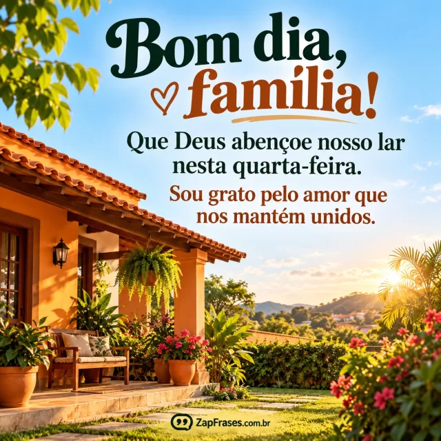 Ilustração editorial de casa brasileira com jardim e luz de manhã, acolhedora terracota e verde, céu limpo reservado à mensagem.. Arte com a mensagem: Bom dia, família! Que Deus abençoe nosso lar nesta quarta-feira. Sou grato pelo amor que nos mantém unidos.