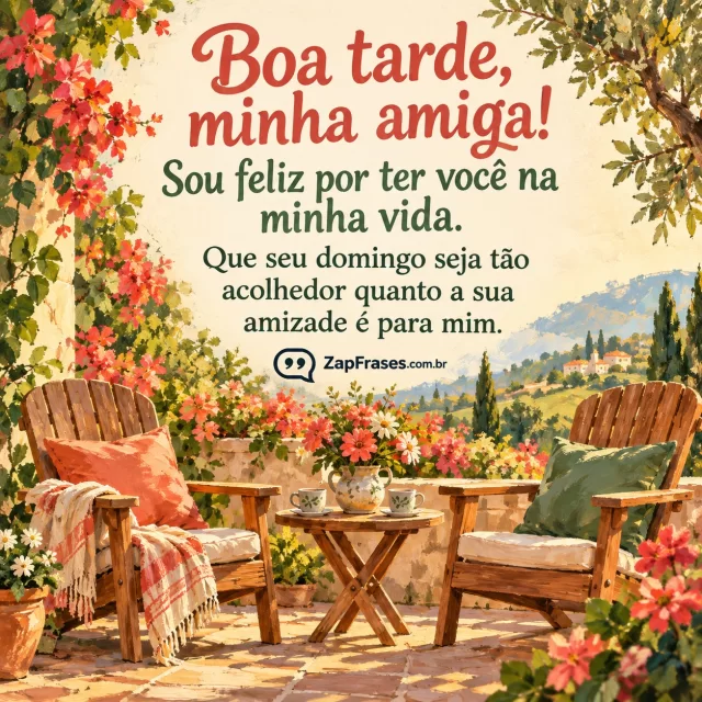 Guache adulto com duas cadeiras num jardim florido banhado de sol de tarde, vinheta no terço inferior, campo creme livre para texto, coral e verde.. Arte com a mensagem: Boa tarde, minha amiga! Sou feliz por ter você na minha vida. Que seu domingo seja tão acolhedor quanto a sua amizade é para mim.