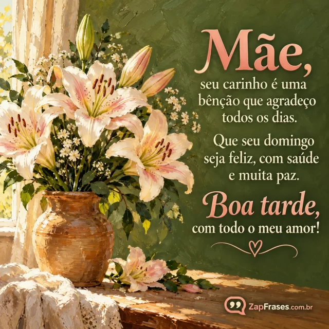 Pintura a óleo floral adulta com lírios claros em vaso de barro junto a cortina na luz de tarde, fundo verde suave uniforme reservado ao texto, rosa e marfim, pinceladas visíveis.. Arte com a mensagem: Mãe, seu carinho é uma bênção que agradeço todos os dias. Que seu domingo seja feliz, com saúde e muita paz. Boa tarde, com todo o meu amor!