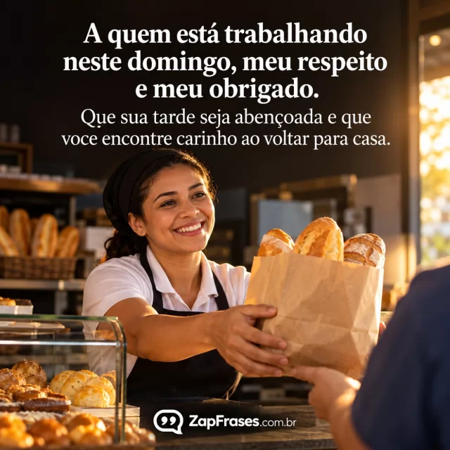 Fotografia editorial de atendente de padaria brasileira entregando pão em saco de papel sem escrita, figura e bancada na metade inferior, espaço escuro limpo para texto branco na metade superior, sol da tarde.. Arte com a mensagem: A quem está trabalhando neste domingo, meu respeito e meu obrigado. Que sua tarde seja abençoada e que você encontre carinho ao voltar para casa.
