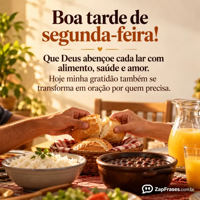 Fotografia editorial de mesa simples posta com arroz feijão pão e jarra sem letras, mãos repartindo pão na parte inferior, ambiente brasileiro com luz da tarde, parede clara acima reservada ao texto, cores quentes.. Arte com a mensagem: Boa tarde de segunda-feira! Que Deus abençoe cada lar com alimento, saúde e amor. Hoje minha gratidão também se transforma em oração por quem precisa.
