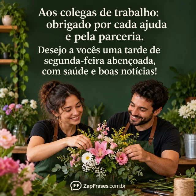 Fotografia documental acolhedora equipe pequena de floricultura brasileira preparando arranjo, mãos e duas pessoas na metade inferior, parede verde escura calma acima, letras creme, sem escritos nas roupas ou objetos.. Arte com a mensagem: Aos colegas de trabalho: obrigado por cada ajuda e pela parceria. Desejo a vocês uma tarde de segunda-feira abençoada, com saúde e boas notícias!