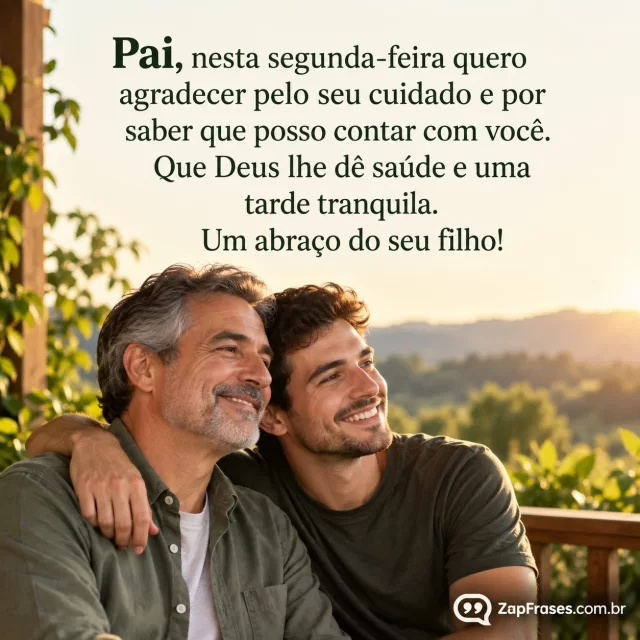 Fotografia editorial natural pai maduro e filho adulto abraçados de lado em varanda na luz da tarde, pessoas na metade inferior, área clara uniforme acima para texto, verdes neutros.. Arte com a mensagem: Pai, nesta segunda-feira quero agradecer pelo seu cuidado e por saber que posso contar com você. Que Deus lhe dê saúde e uma tarde tranquila. Um abraço do seu filho!