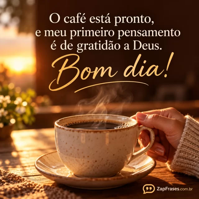 Photographic close-up ceramic coffee cup with steam in morning sun on wooden table, one hand warming cup, rich warm brown shadows and sunrise light; coffee foreground lower two thirds, quiet dark brown upper field for cream script and serif full exact text.. Arte com a mensagem: O café está pronto, e meu primeiro pensamento é de gratidão a Deus. Bom dia!