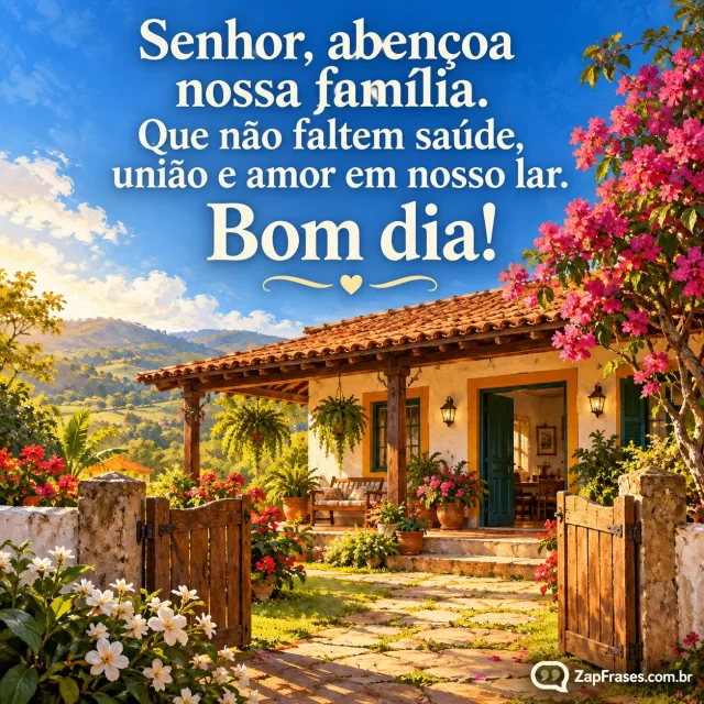 Rich detailed oil painting of a cozy Brazilian country home in morning light, garden, open gate and flowering tree, warm earth tones, home fills lower two thirds with calmer blue sky for highly legible cream serif prayer. Clear thick painterly oils not photographic.. Arte com a mensagem: Senhor, abençoa nossa família. Que não faltem saúde, união e amor em nosso lar. Bom dia!
