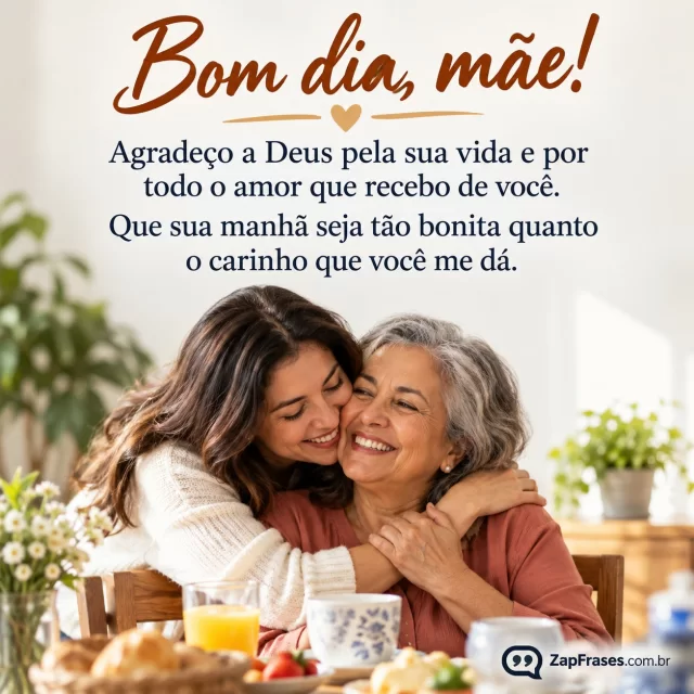 Editorial photograph of an adult daughter hugging her older mother at a home breakfast, tender Brazilian family, bottom half figures, uncluttered light wall upper half reserved for full readable message, natural soft daylight.. Arte com a mensagem: Bom dia, mãe! Agradeço a Deus pela sua vida e por todo o amor que recebo de você. Que sua manhã seja tão bonita quanto o carinho que você me dá.